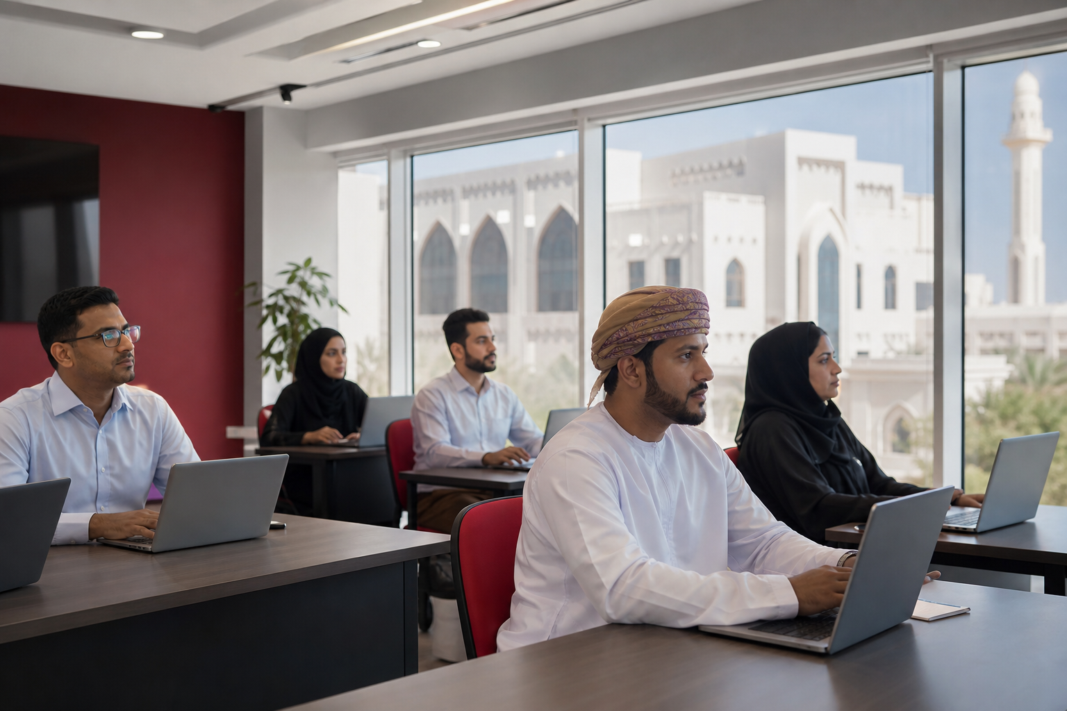 Professionals in a modern training classroom at Muscat Professional Training Institute